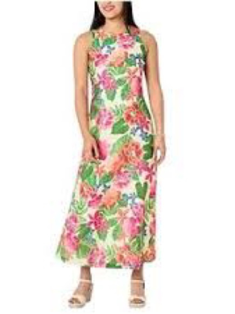 Floral Halter Maxi Dress in Pink & Green